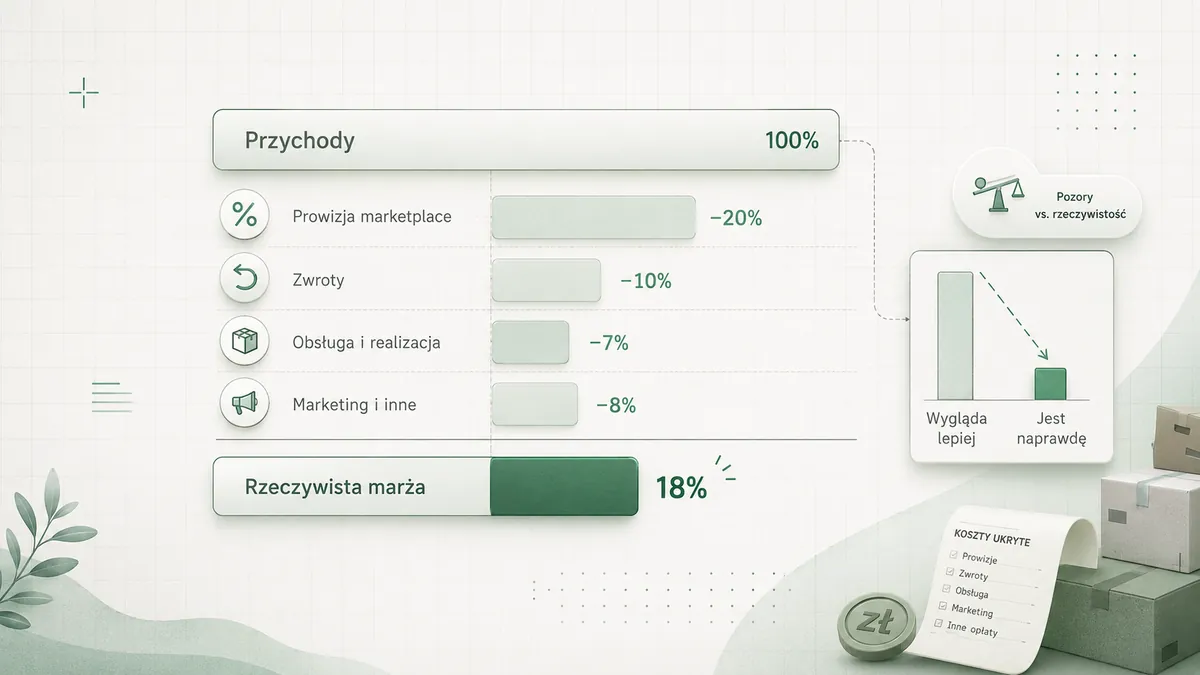 Rozbicie przychodu na koszty kanału i rzeczywista marża 18%